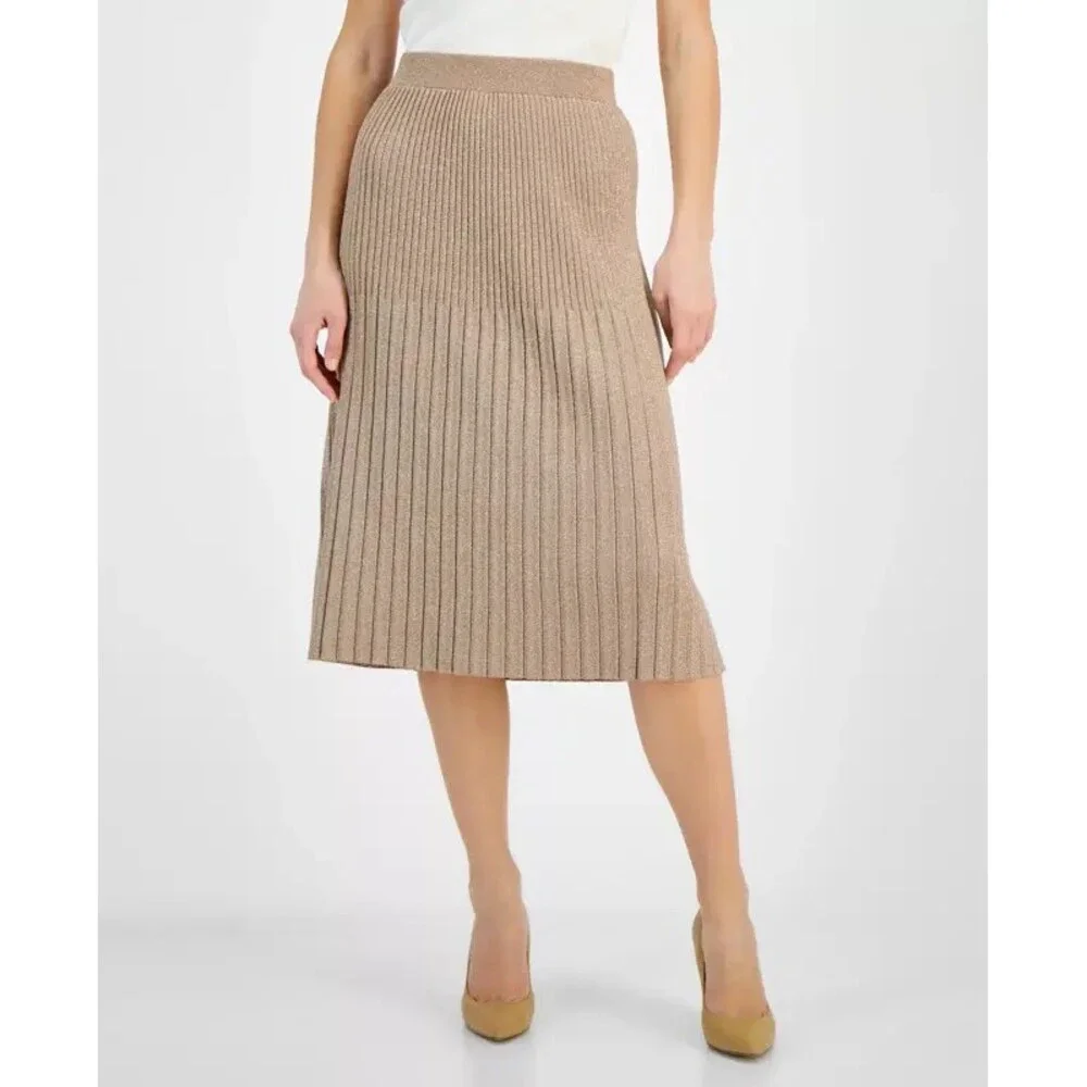 T Tahari Metallic Pleated Pull-On Midi Skirt Women's M Gold Ribbed Elastic Waist